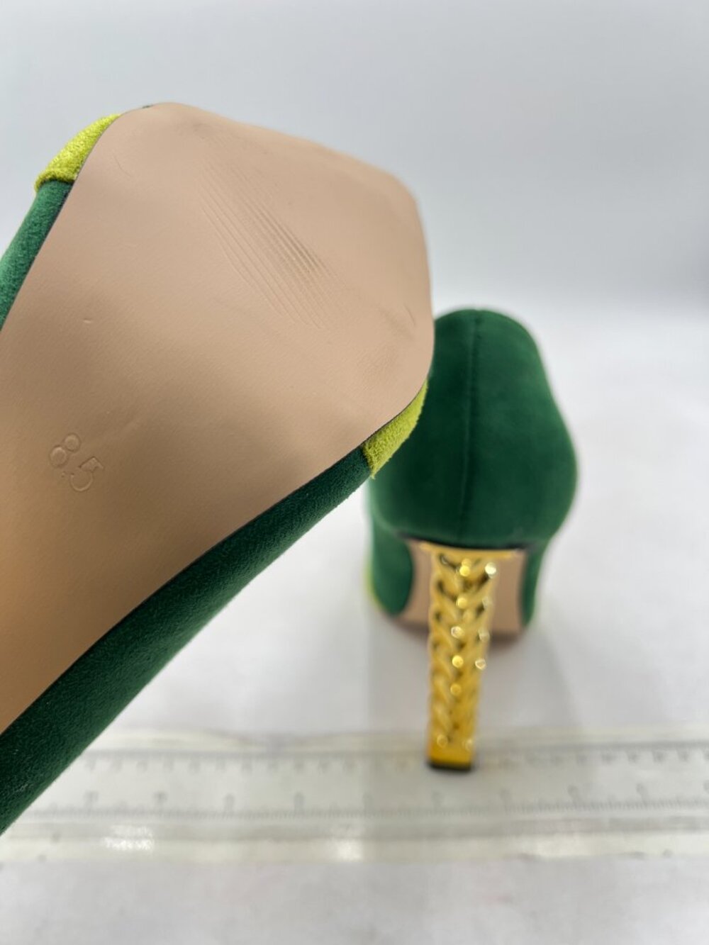 FSJ Green-rainbow Gold Metal Chain Chunky High Heel Pointed Toe Slip On Pumps - Picture 6 of 8